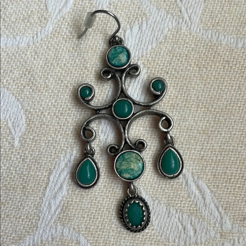 Silver and Green Dangle Earrings with Intricate Design